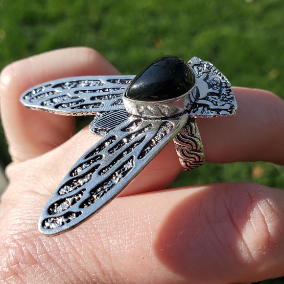 New Black Onyx Flying Insect Silver Ring. - Picture 9 of 15